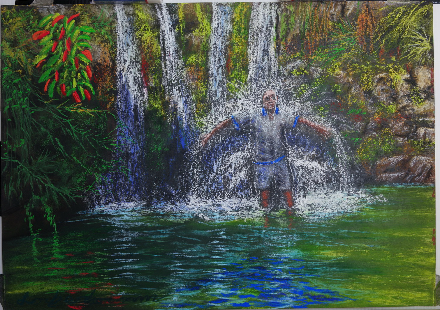 Figure showers under water fall at Nahal David Lorberboim Soft Pastel Painting. דמות אפופה במפל בנחל דוד