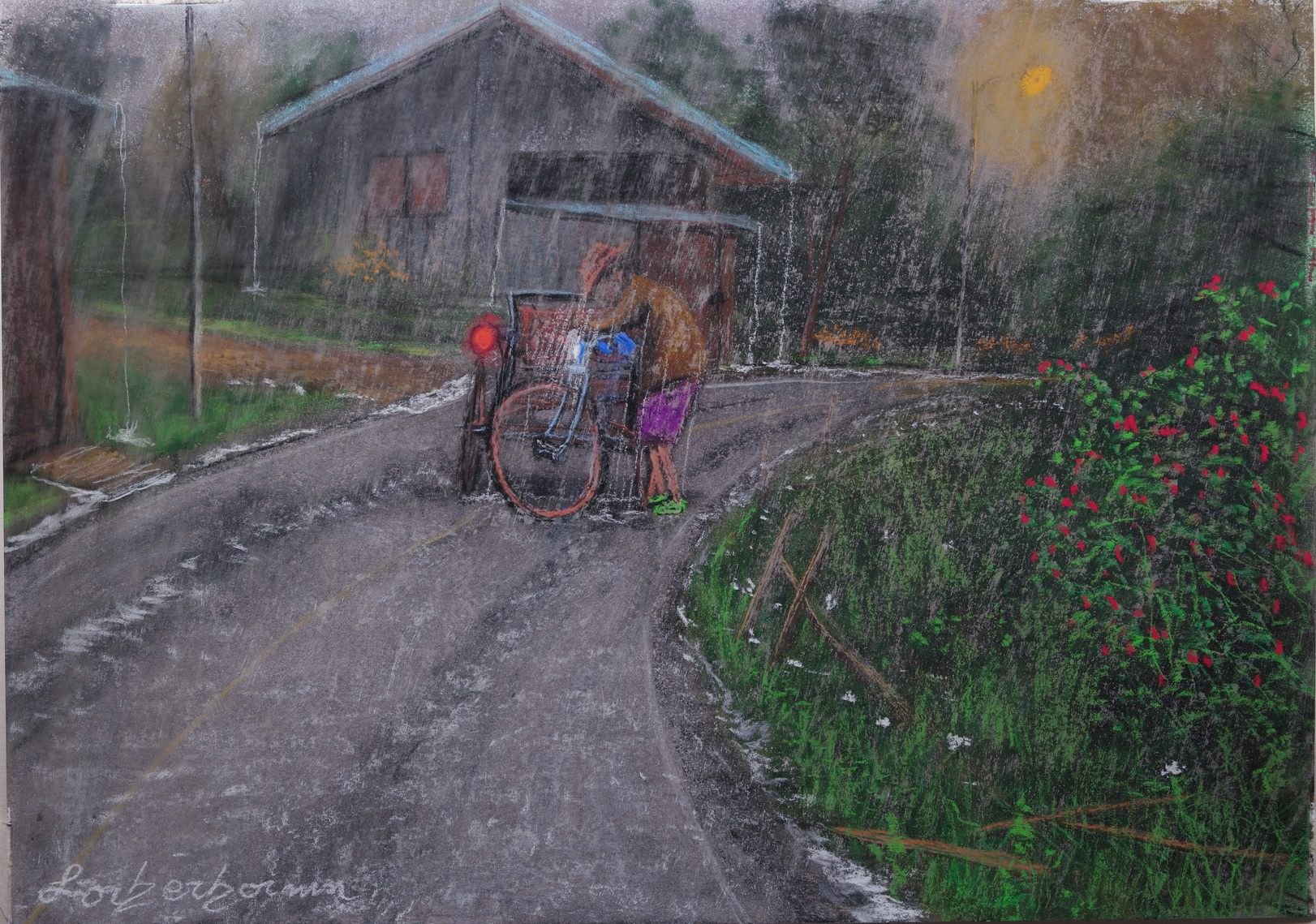 Tricyclo driver stuck in rain, Chiang Mai, Thailand. Lorberboim Soft Pastel Painting.