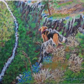 Dog on the rocks view on vally. Lorberboim Soft Pastels Painting.